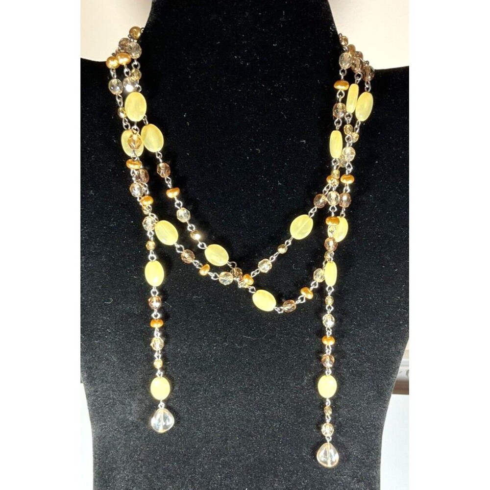 Vintage Beaded Lariat Necklace Yellow & Golden Beads Gold Tone 48" Boho Shiny